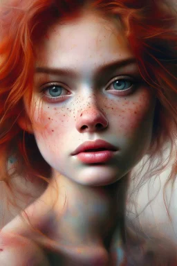 prompt: An image of a red-haired beautiful girl in the style of Mike Worrall, Stefan Gesell, Anton Semenov, Arthur Boyd, Gerald Scarfe, Wlad Safronow, Yves Tanguy and Christine Ellger. Style airbrush art with very soft muted colours and a hazy atmosphere. Bold oil paintings with thick brushstrokes and spots --ar 16:9