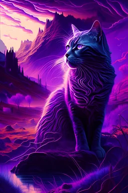 majestic cat, psychedelic, violet tones, fantasy landscape