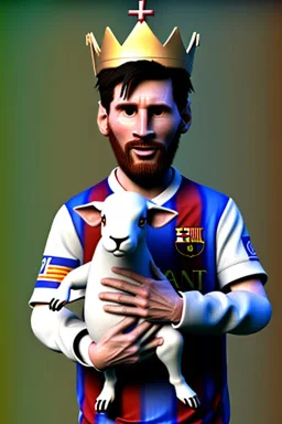 messi as king with wearing crown and king stuffs and clothes and holding a little white goat on his hand ,hyperrealistic,8k,detailed,rendered