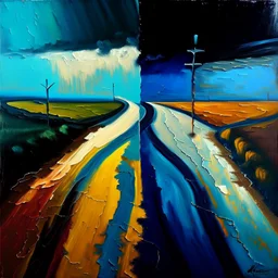 two diverged roads, art, oil colors