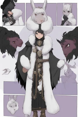 A dnd character sheet. A woman dressed for the cold north, with black hair and lilac eyes. She is dressed in white and black furs.