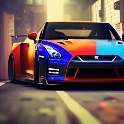 Nissan GT-R, red, orange, yellow, green, blue, purple, masterpiece, expert, 8K, hyperrealism, sharp focus, cinematic lighting, cyberpunk, cityscape