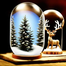 a 16k hyperrealistic snow globe sitting on an oak wooden desk, inside the snow globe there are snowy mountains to the back left and snowy pine trees surround a reindeer with large antlers while snow falls inside