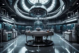 dark laboratory in an urban futuristic room In the middle there is a large operating table with a transparent dome