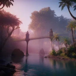 Artemis Tapınağı fantasy art, island waterfall palms twigs spring sunset rainbow bridge birds, lighting, cinematic, extremly, mist, unreal engine 5, cinematic lighting, beautiful, photorealistic, abstract