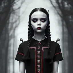 wednesday addams, wednesday addams hair, wednesday addams, make up, wednesday black dress, cinematic, hyper detail, 8k resulation