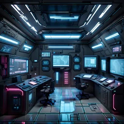 cyberpunk control and command center, simple design, clean layout, clear floor, tiled ceiling, simple ceiling, empty floor, empty ceiling