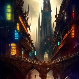 Neo Gothic Metropolis, otto hung, friz Lang ,renaissance painting, matte painting,romanticism painting,cyberpunk,detailed facades, retrofuturistic