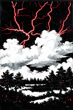 red sprites flashing electrical discharges above the clouds and over the forest at night; Matisse; surrealism; Analytic Cubism; Georges Braque; black and white with flashes of red