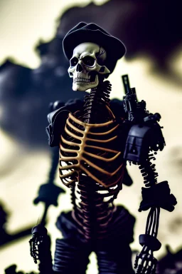 ultra high definition image of an attractive but scary looking skeleton, rising from the ashes, a war veteran, partially humanlike characteristics, army beret and ripped amo wear, very detailed, chaotic background, dramatic close-up action shot of him on a burned out war tanker with a torpedo on shoulder ready to fire and ammo ,gothic and dark theme, 12k