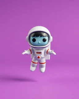 pop mart's space molly cosmonaut figurine, floating on solid background color