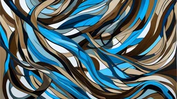 An elegant abstract design featuring flowing, ribbon-like forms in shades of brown, black, and blue. The intertwining ribbons create a sense of movement and dynamism, with their semi-transparent quality adding depth and layering to the composition.