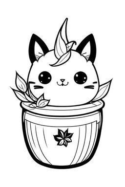 a simple outline of a cute cat in a pot, in a drawing style, black and white.