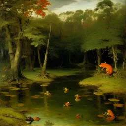 An olive green swamp with fiery orange frogs painted by Gustave Courbet