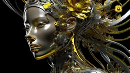 figure of a woman, art from the "art of control" collection by Jasper Harvey, in the style of futuristic optics, silver and gold, flower, bird, detailed facial features, swirling vortices, glowing, 8k 3d, bizarre cyborgs, made of crystals, high detail, high resolution, 8K