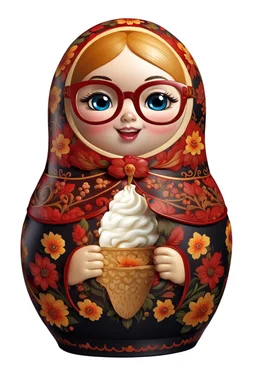 draw a Russian matryoshka doll in the style of Khokhloma, the matryoshka is smiling, the matryoshka has a icecream in her hands, a frontal angle, a picture on a white background, the matryoshka is drawn entirely, a highly detailed 3d picture