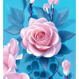 a magical crystal vertical light pink rose, pink and blue wisteriapink, magnolias pink, blue lake,sun,pink vertical, blue lake,sharp, ornate, elegant, highly detailed, artstation, concept art, smooth, sharp focus, illustration, 8k, splash art, wallpaper, key visual