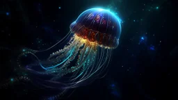 Astrovélido flotando en vacío cósmico, cuerpo tipo medusa oscuro con puntos luminosos como estrellas, tentáculos dejando estelas brillantes, nebulosas de fondo, iluminación espacial, estilo sci-fi elegante, alto detalle