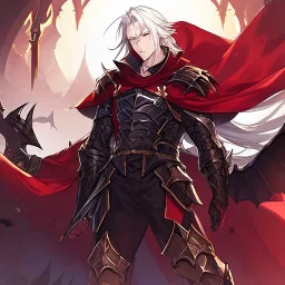 Vampire knight, young man, handsome, long white hair, black full plate armor, red cape