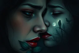 medium close human woman with nature face cry and howling, pain, thriller, alone, dark colors, sharp focus, surreal , the attraction of the moon, faded colors, dark mood, surreal, dramatic atmosphere. intricate, stunning textures , illustration by Juan Brufal, by Esté MacLeoad, Cyril Rolando, Hayoa Miyazaki