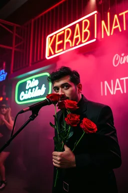 An spanish Guy with big eyes "Enrique" performing at dance club, his name is "Enrique" Red roses On stage, red Neon lights and smog, and "Din KEBAB I NATT" big sign on the wall, serenade under balcony, ZORRO vibes