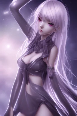 Anime girl close and personal but beautiful. She knows what she wants and how to get it. Stunning Starsign background