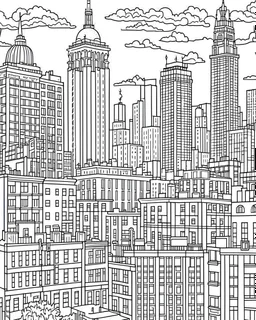 New York City view i coloring page, full body (((((white background))))), only use an outline., real style, line art, white color, clean line art, white background, Sketch style.