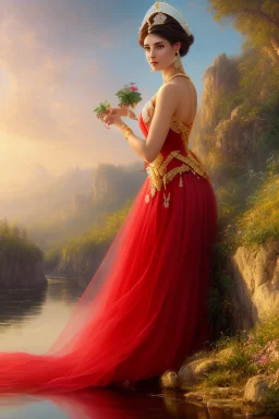 full body shot , beautiful and gorgerous duchess with incredible jewellery in 19th century clothing by Greg Rutkowski and Artgerm and Emile Vernon and Vladimir Volegov, in a red dress, country side,river,rocks background, art illustration, natural beauty, muted colors, pastels, perfect fingers, higly detailed, expressive, high detail, symmetrical, digital painting, symmetrical eyes, dynamic lighting, artstation, cinematic lighting, intricate artwork,8k.