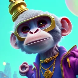 pixar style anamorphic cute monkey baby, gangsta gold neckless, full body, magenta puffer jacket , manila city backdrop, dramatic lighting, hyper-realistic, unreal engine 5, 16k. full detailed,