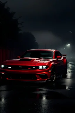 red dodge demon in rain cloudy and dark 4k quality