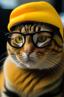 Yellow cat wearing glasses and black cap