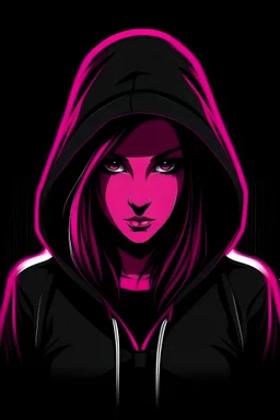 Strong Hacker girl with female emporment in a hooded sweater as black and pink as a logo