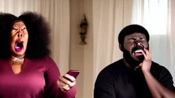 angry black lady screams at her phone while Tyrone who is in his own basement is laughing at her at the phone