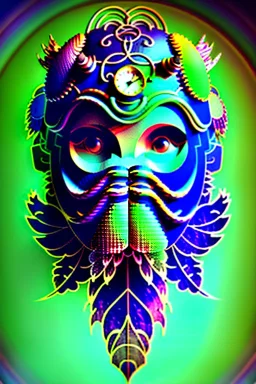 bearded man head with feathers, spheres, cubes, gears, clocks, engine parts, exhaust pipes, fur, peacock feathers, mechanism, in the style of Android Jones, gradient, bioluminescent, rococo, photorealistic, intricate details, 8k, purple and gold, digital painting, top light, illustration, trending on artstation