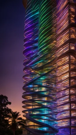 94614, delightful, sensitive, confident, iridescent double helix tower, delicate, nocturnal, architecture, award-winning photograph, beautiful composition, filled with beautiful detail, delicate colour, chiaroscuro