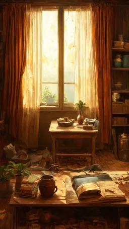 Very old stuff in a room, wide angle view, nostalgia, '50 style, realistic rendering, Max Ernst