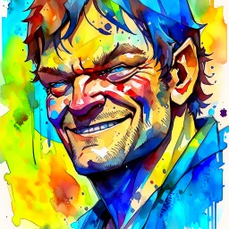 dnd, fantasy, watercolour, large strokes, stylistic, portrait, illustration, dull colours, male, face, sturdy wide face, weathered face, sly, violent, evil, smiling