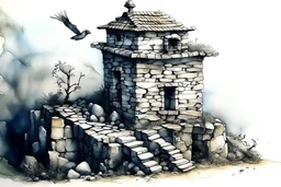 small stone building on a mountain with a birds sculpture in watercolors