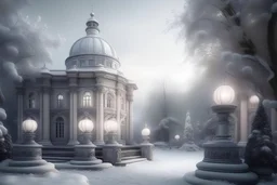 Beautiful landscape in pastel colors, lanterns, mansion, frosty columns, icy fountain, mystical glow, filigree, snow-covered trees,I am snow, mystical haze, black sky, white velvet clouds descend on the city, realistic, beautiful style, professional photography,about high resolution, cgi,f/19.1/200s, in light silver tones, sophistication, highly detailed, digital painting, moon, wonderful, microdetalization. colorful