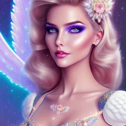 jolie femme galactique cosmonaute sourire avec longs cheveux blue pastel joli visage souriant et beau corps bien formé , beaux yeux bleus rieurs - grandes ailes bleu ciel , ciel bleu fleurs blanches et roses. robe en soie, jolies dents, jolis yeux, picture precise and hight quality 8k, 10k ambiance rose pÂle, combinaison de cosmonaute, bijoux