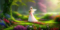 bright fairy, beautiful portrait, flowery landscape