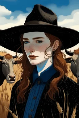 drawing of woman with pale skin, freckles, brown braided hair, blue eyes, black cowboy hat, surrounded by cows, black coat, wheat field