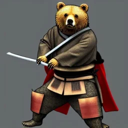 Un ours, anthropomorphique, habillé comme un samurai, portant un katana très detaillé, réaliste, très détaillé, représentation 3d.