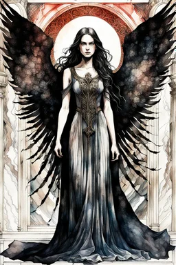 create a deeply evocative, ethereal, and darkly magical full body ink wash and watercolor illustration of an epic fantasy raven crone with highly detailed and deeply cut facial features, large outstretched wings, body covered in feathers, in the style of EDWARD BURNE-JONES, WILLIAM MORRIS, and KATHE KOLLWITZ combined with the comic art style of BILL SIENKIEWICZ and JEAN GIRAUD MOEBIUS, searing lines and forceful strokes, precisely drawn, inked, and richly colored