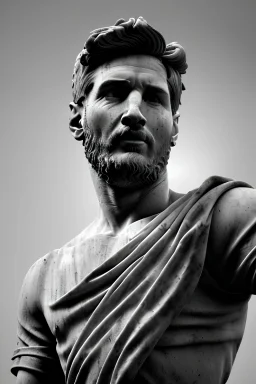 Ultra Realistic image, roman sculpture, deluxe white marble material, Lionel Messi, Laurel leaves wreath, Renaissance style, miguel angel David style, chisel style, emperor, waist up portrait, epic, celestial, cinematic lighting, God light, god rays, 4k resolution, smooth details, ornate details, unreal engine 5, blue vibrant background.