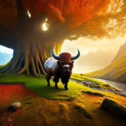 Nærøyfjorden Verdsarvpark, with centered closeup of an ancient bison standing on a viking ship,sun,mist,autumn,huge tree, insane roots, in the style of pixar