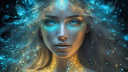 The photo is done in a bioluminescent and bioluminescent art style depicting a divine woman, Bioluminescent dewy translucent glowing skin, ethereal glowing eyes, long neck, perfect face in ultra-realistic details, flowing hair, double exposure, iris, The composition imitates a cinematic film with dazzling, gold and silver lighting effects. Intricate details, sharp focus, crystal clear skin create high detail. 3d, 64k, high resolution, high detail, computer graphics, hyperrealism, f/16, 1/300 sec