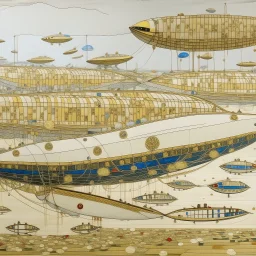 A white sky filled with airships painted by Gustav Klimt