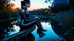 fantasy photo of a woman in an android looking catsuit, with black hair, sitting on a ledge over a pond, wearing an android-looking catsuit, sideways, with a planet behind her