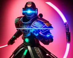 cyber samurai with cyber glowing swords, cyberpunk, full body, realistic, intricately detailed, neon lighting, vivid colors, neon, 64k